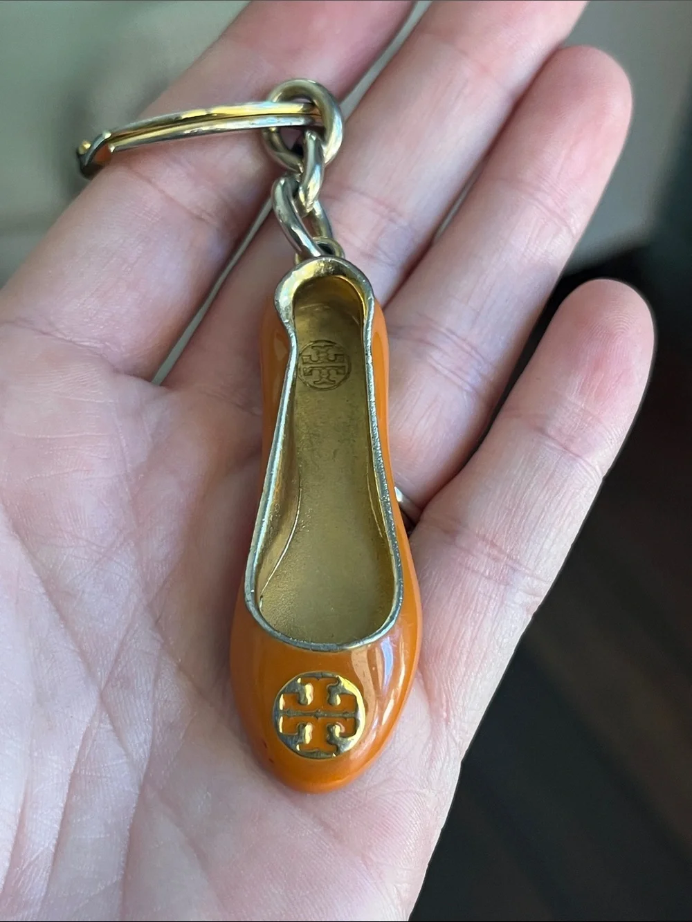 Tory Burch Orange Enamel Ballet Flat Keyring with Gold Logo